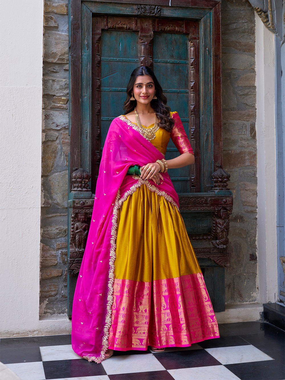 Mustard Color Zari Weaving Work Narayan Pattu Lehenga Choli