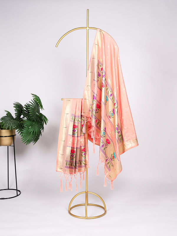 Peach Color Weaving Zari Work With Tassels Jacquard Silk (Paithani) Dupatta
