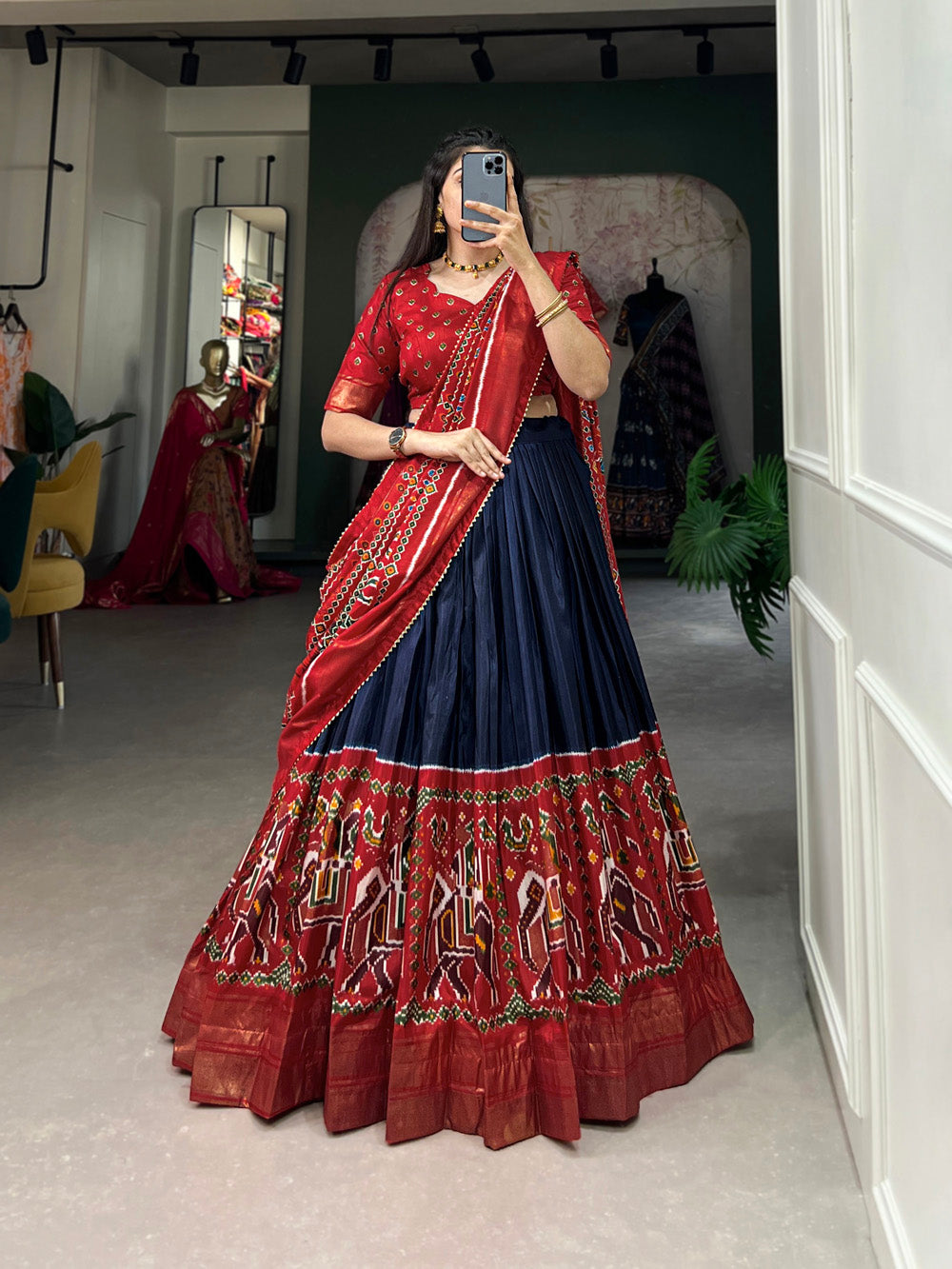 Womens Navy Blue Dola Silk With Foil Print Lehenga Choli Set