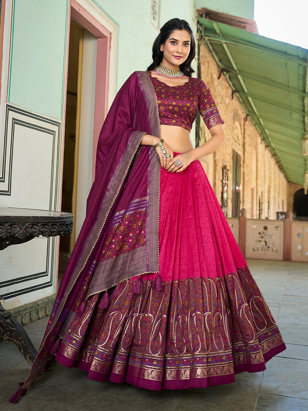 Pink Color Kashmiri Print With Foil Work Tussar Silk Wedding Wear Lehenga Choli