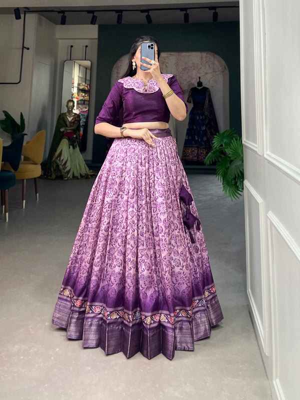 Purple Color Floral Print Zari Weaving Border Dola Silk Co-ord Set Lehenga Choli