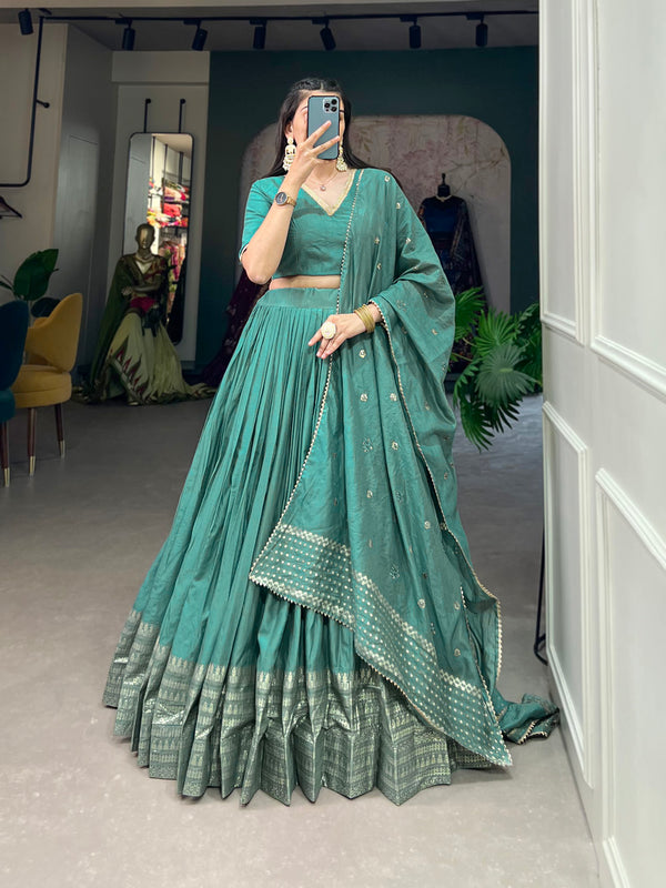 See Green Color Plain With Zari Weaving Work Border Chanderi Wedding Lehenga Choli