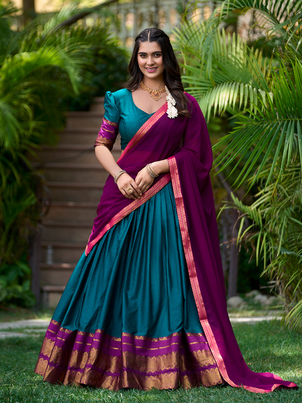 Teal Color Zari Weaving Work Cotton Lehenga Choli – Looknbook Art