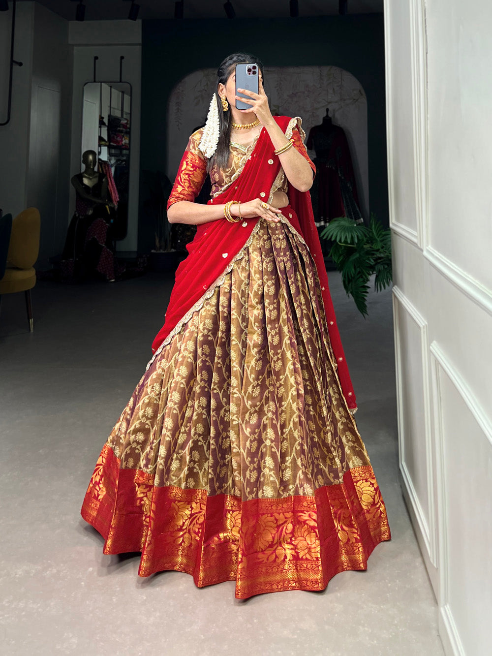 Girija Blue Color Dola Silk Batik Print With Zari
Weaving Work Lehenga Choli