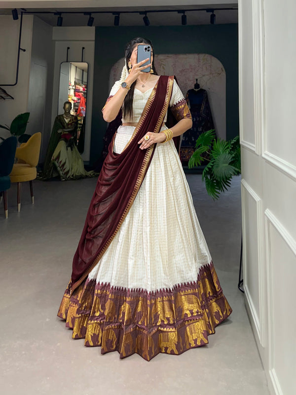 White Color Chex With Zari Weaving Work Poly Cotton Wedding Lehenga Choli