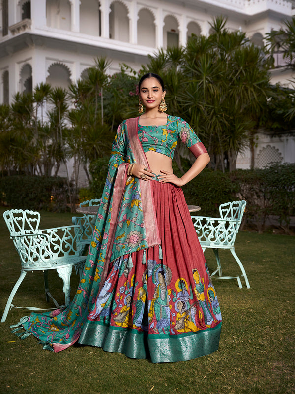 Salmon Color Printed (Kalamkari) With Zari Weaving Border Dola Silk Lehenga Choli