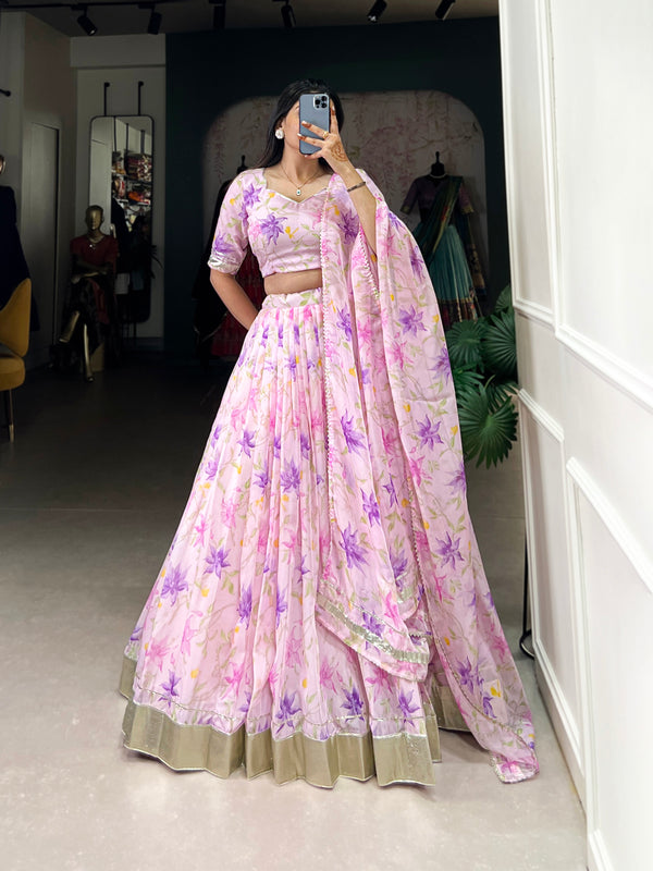 Baby Pink Color Floral Print With Lace Border Tabby Silk Lehenga Choli