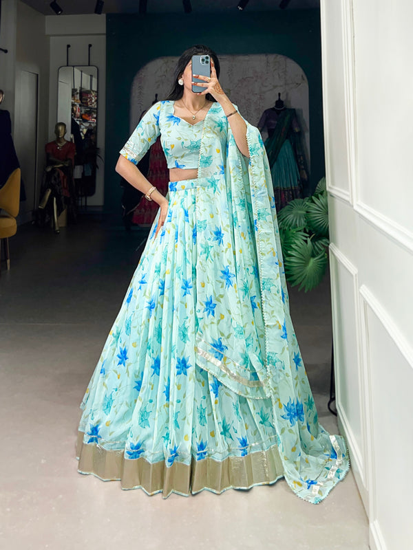 Pista Color Floral Print With Lace Border Tabby Silk Lehenga Choli