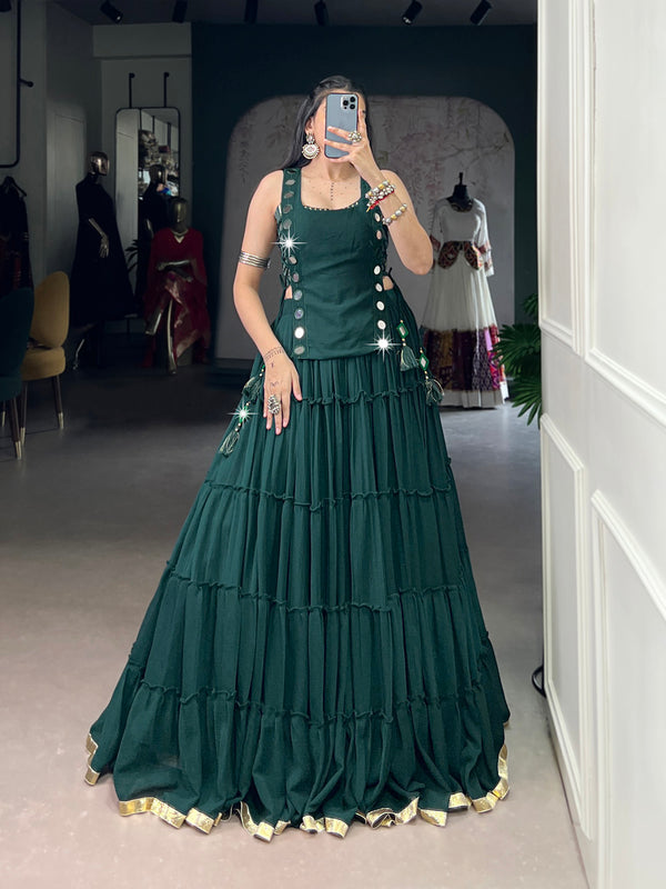 Green Color Embossed Design Lace Border Marbal Chaniya Choli