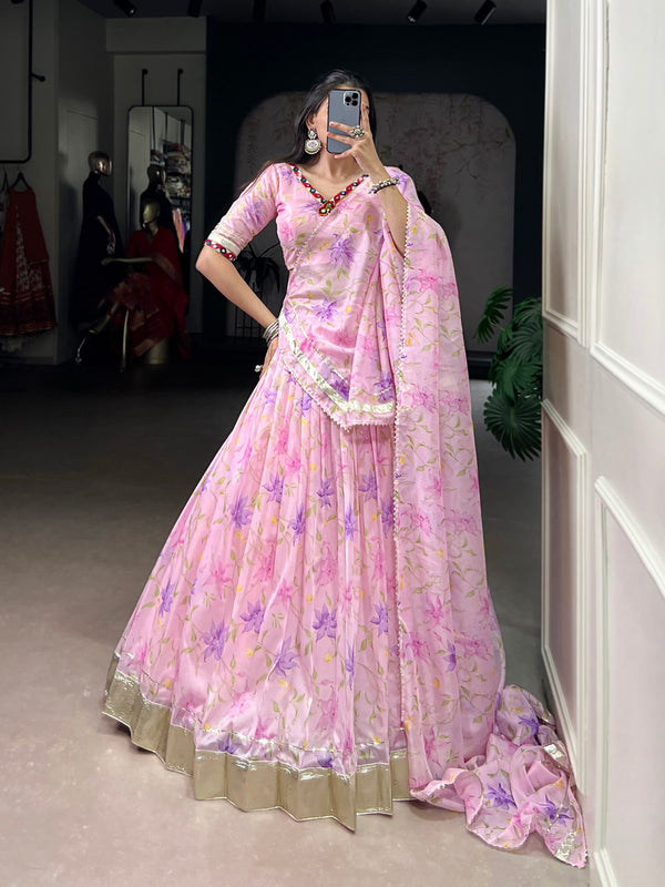 Baby Pink Color Floral Print With Embossed Design Tabby Silk Chaniya Choli