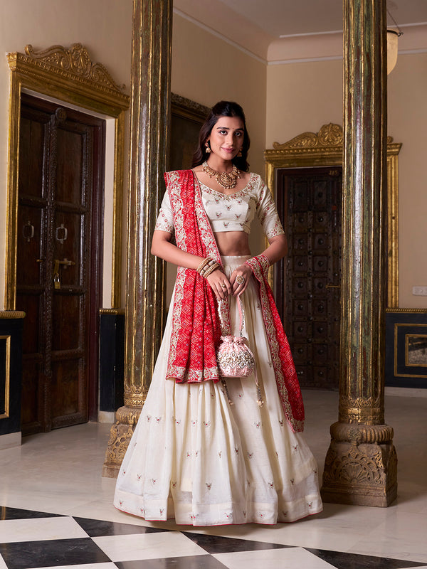 Off White Color Sequins And Thread Embroidery Work Vichitra Silk Lehenga Choli