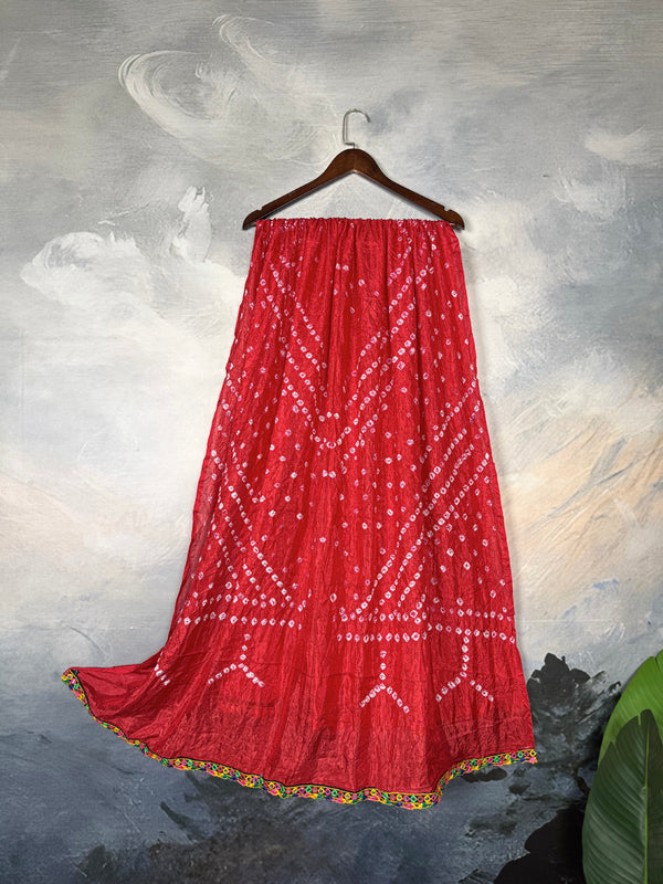 Red Color Bandhej Print With Lace Touch Up Silk Dupatta