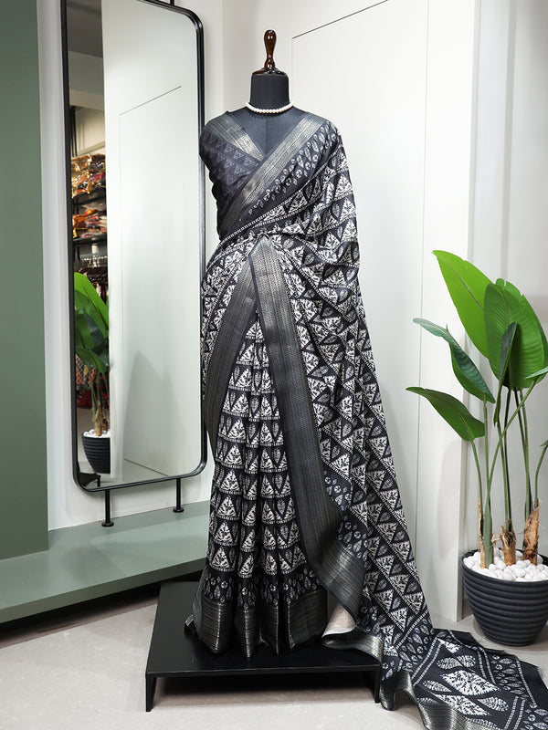 Black Color Printed With Zari Border Dola Silk Saree