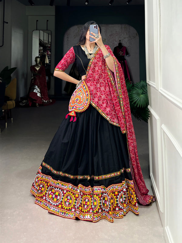 Black Color Plain And Original Mirror Gamthi Work Cotton Ghagra Choli