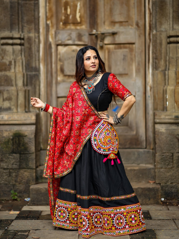 Black Color Gamthi Work With Mirror Work Cotton Chaniya Choli