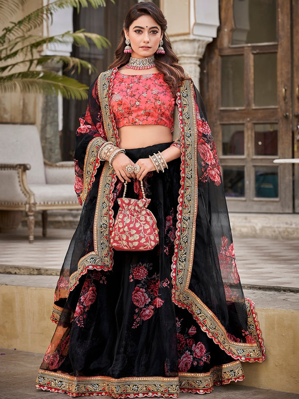 Black Color Floral Printed Organza Lehenga Choli