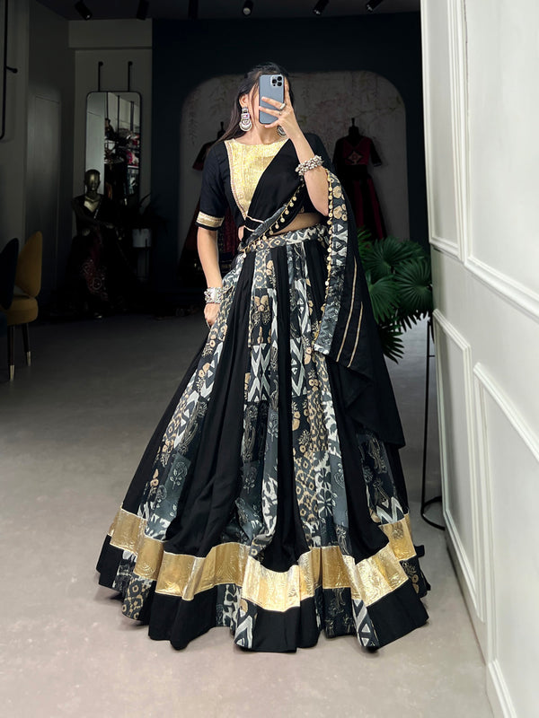 Black Color Plain And Printed With Embossed Design Rayon With Tussar Silk Lehenga Choli