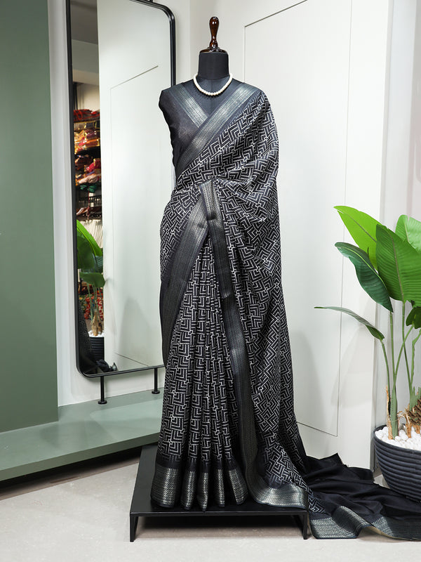 Black Color Printed With Zari Border Dola Silk Saree