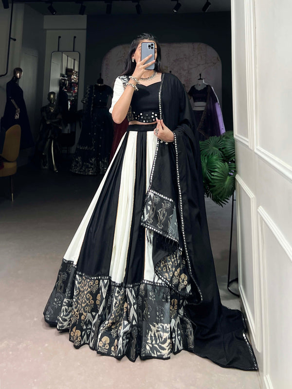 Black Color Plain And Printed With Paper Mirror Work Rayon Lehenga Choli