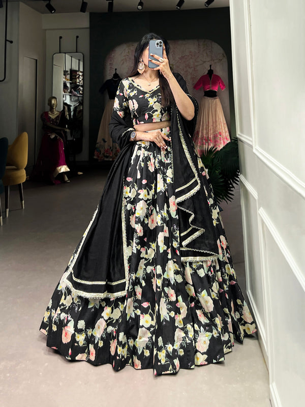 Black Color Floral Printed Tussar Silk Lehenga Choli