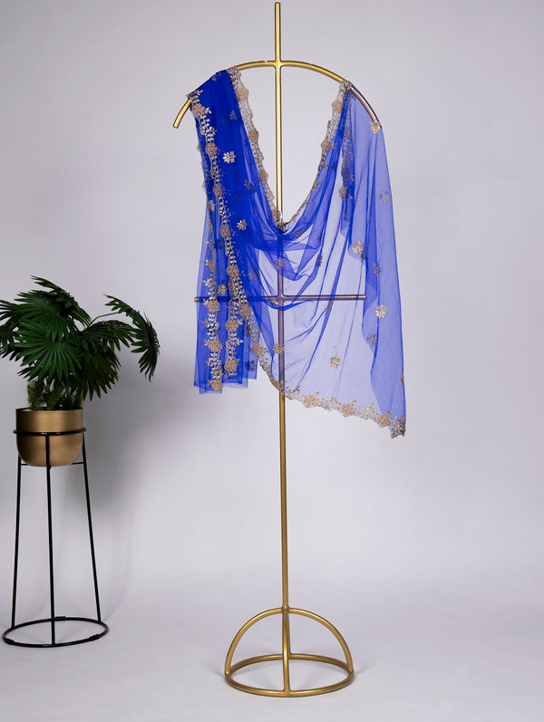 Blue Color Embroidery Cut Work and Stone Work Net Dupatta