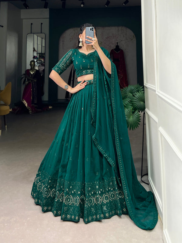 Bottle Green Sequins And Thread Embroidery Work Georgette Lehenga Choli