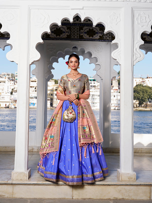 Blue Weaving Zari Work With Jacquard Silk (Paithani) Lehenga Choli