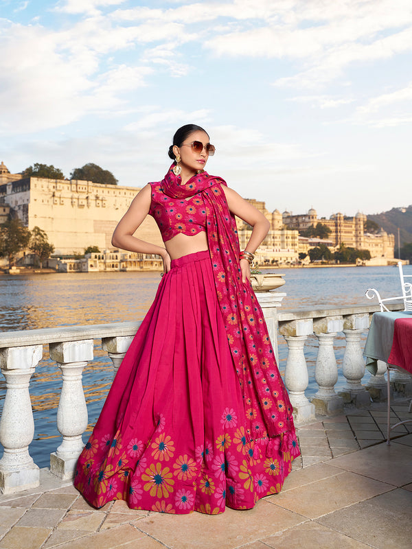 Pink Color Floral Print With Foil Work Tussar Silk Lehenga Choli