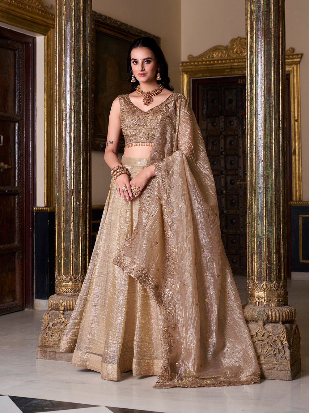 Chiku Color Sequins And Embroidery Work With Gold Crush Lehenga Choli ...