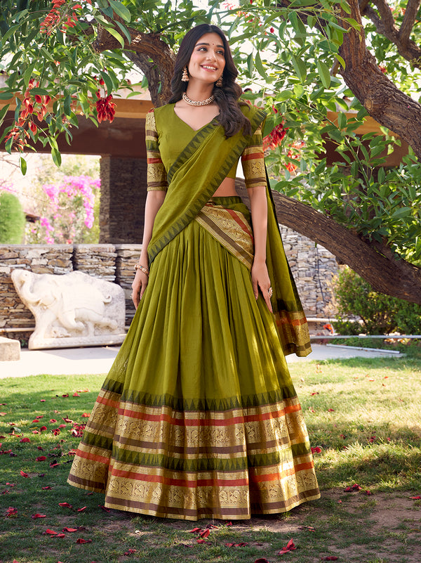 Mehandi Color Plain With Zari Weaving Work Chanderi Silk Lehenga Choli