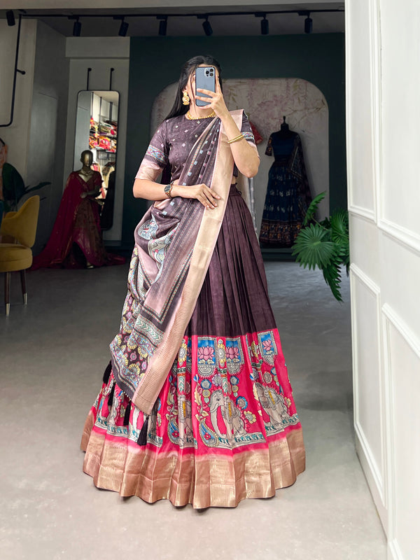 Brown Color Kalamkari Print With Weaving Border Dola Silk Lehenga Choli