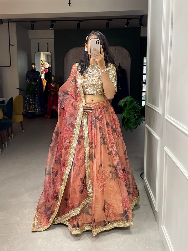 Brown Color Printed And Sequins Embroidery Lace Border Organza Lehenga Choli