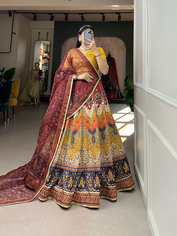 Brown Color Printed With Sequins Lace Border Vaishali Silk Rajasthani Lehenga Choli