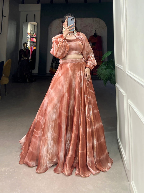 Brown Color Shibori Print Burberry Silk Co-ord Set Festive Wear