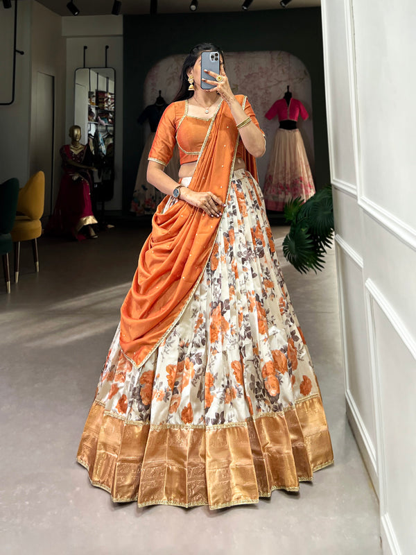 Carrot Color Floral Print With Zari Weaving Work Dola Silk Lehenga Choli