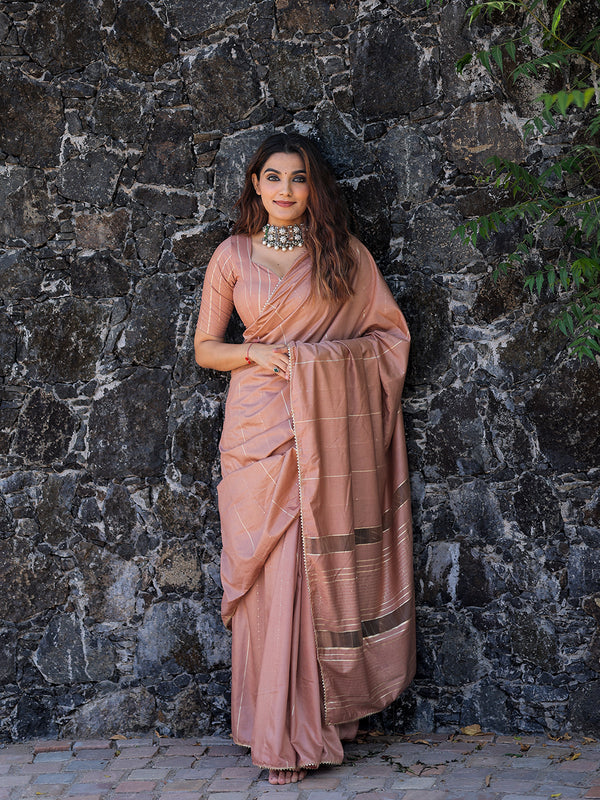 Chiku Color Sequins And Zari Work Viscose Chanderi Saree