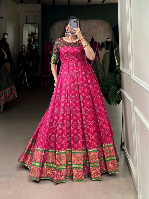 Pink  Color Jacquard Silk Patola Print With Zari Weaving Work Gown