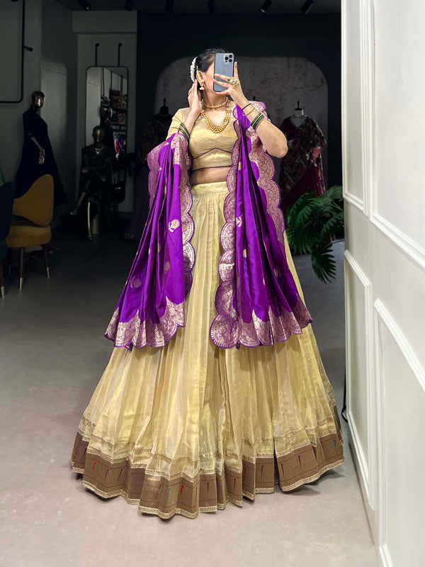 Cream Color Plain With Paithani Lace Border Erode South Indian Lehenga Choli