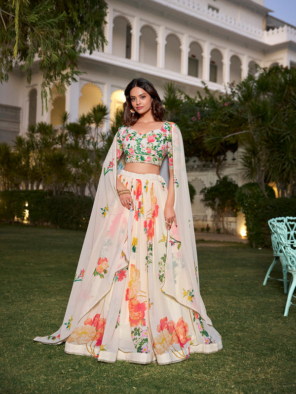 Cream Color Floral Print Georgette Lehenga Choli