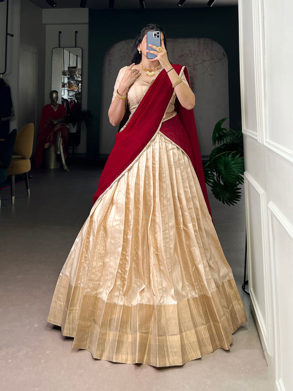 Cream Color Zari Weaving Work Handloom Lehenga Choli