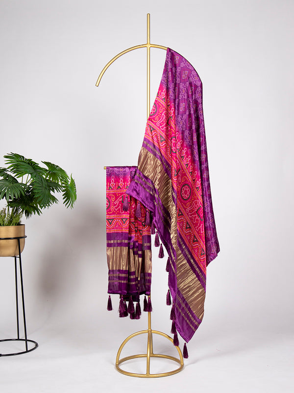 Purple Color Bandhej Printed Gaji Silk Dupatta