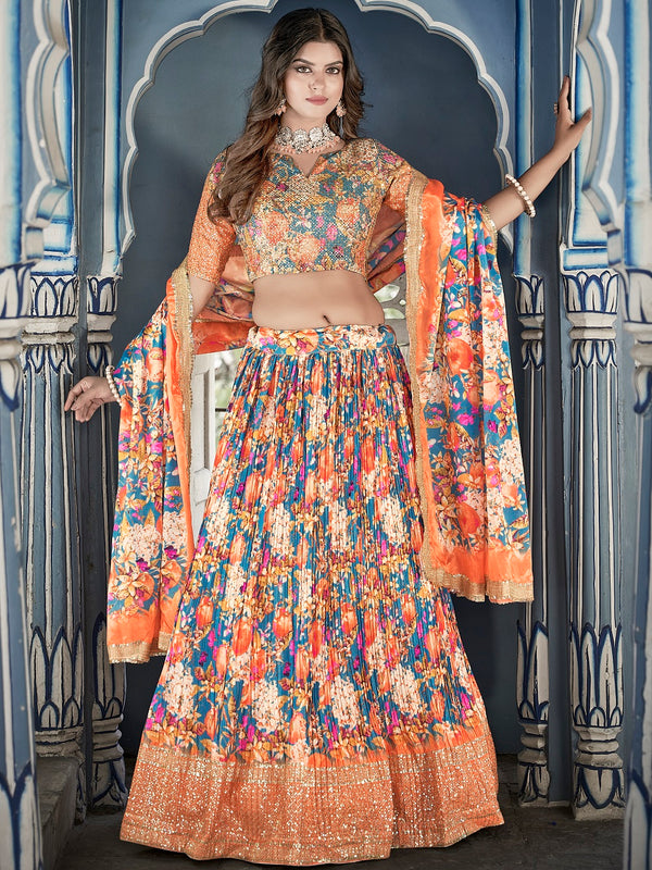 Sky Blue Color Digital Print With Sequins Embroidery Work Crushed Chinon Lehenga Choli