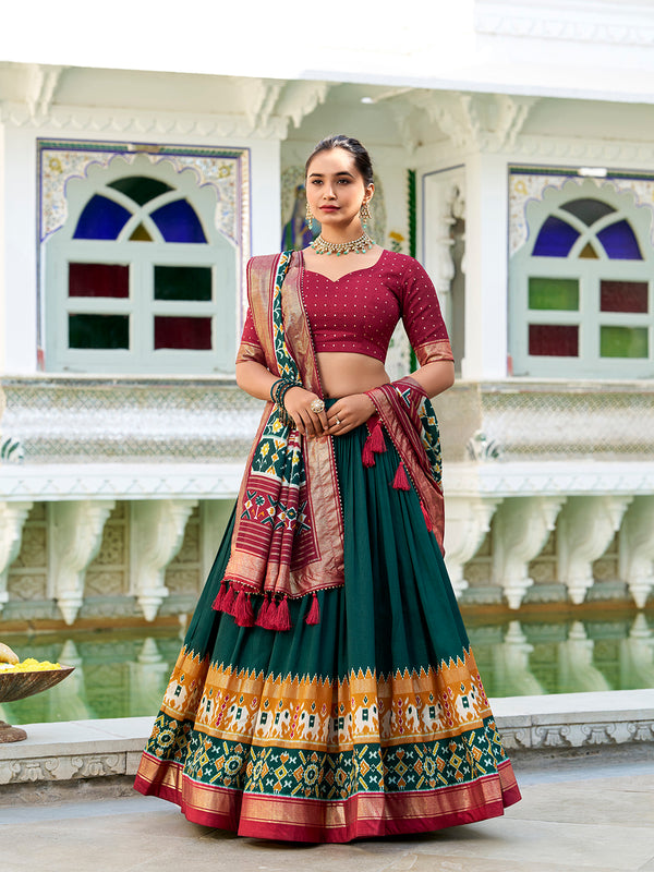 Green Color Patola Print With Foil Work Tussar Silk Lehenga Choli