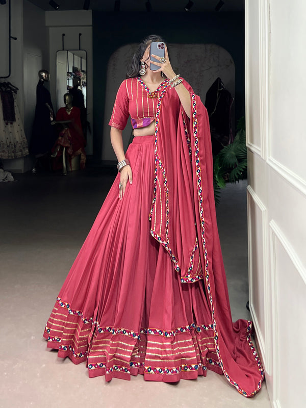 Dusty Pink Color Original Mirror Gamthi Work Rayon Chaniya Choli