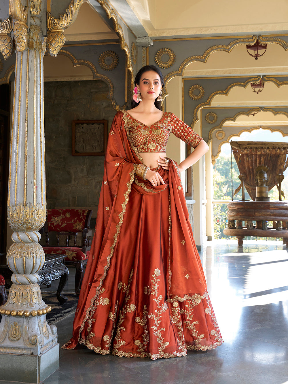 Rust Orange Color Sequins And Thread Embroidery Work Rangoli Silk Lehe ...