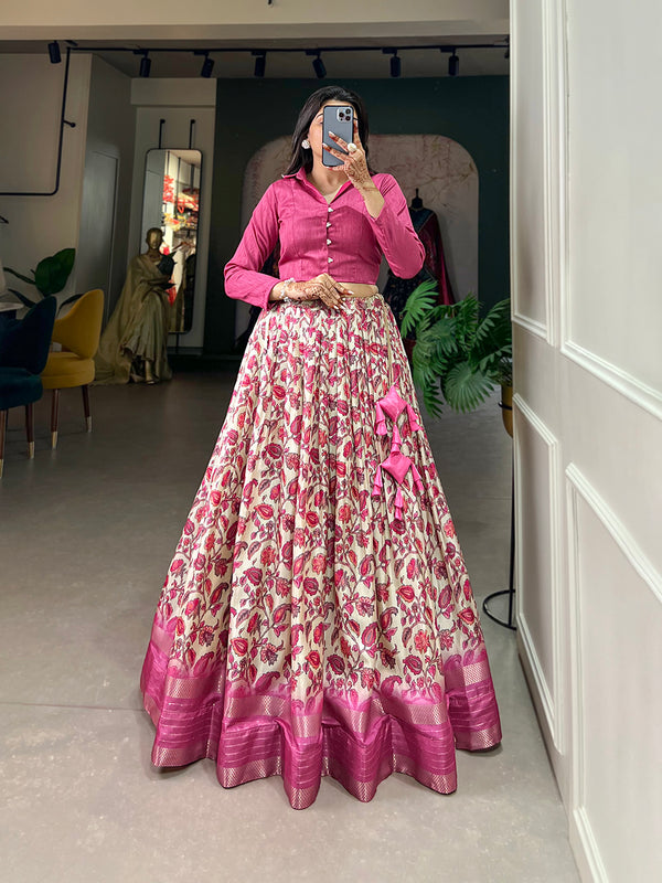 Pink Color Floral Print With Sequins And Zari Border Dola Silk Co-ord Set Lehenga Choli