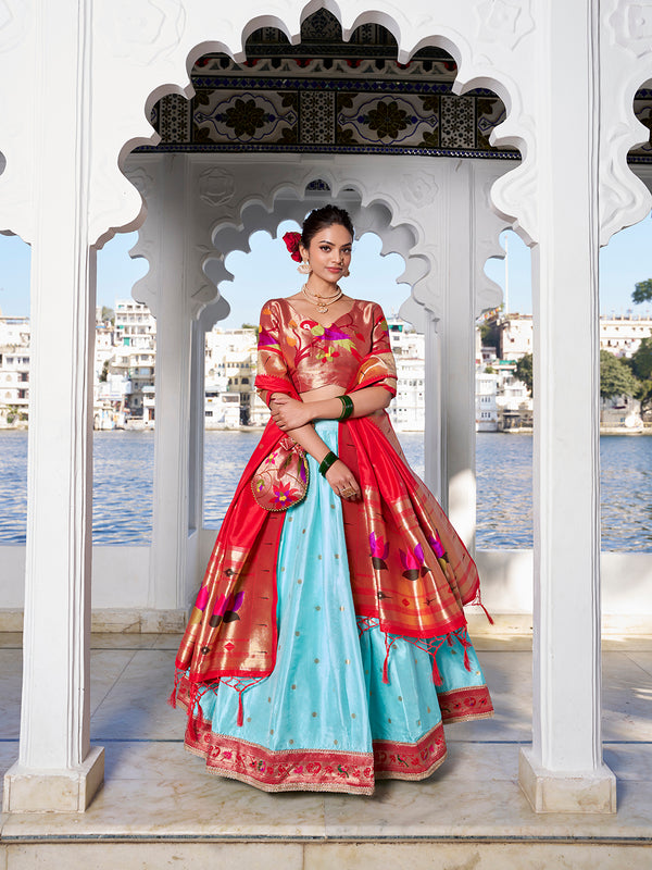 Sky Blue Weaving Zari Work With Jacquard Silk (Paithani) South Lehenga Choli