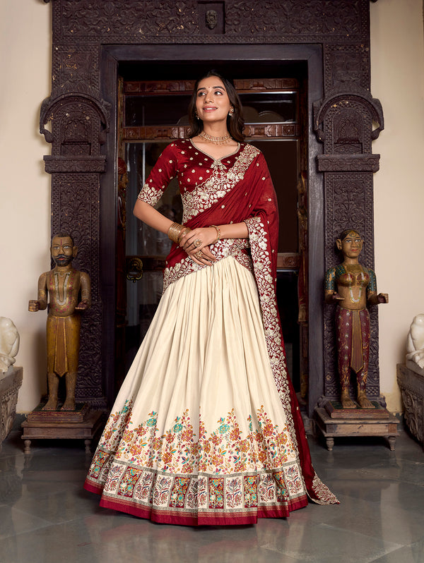 Off White Color Printed With Foil Work Tussar Silk Lehenga Choli