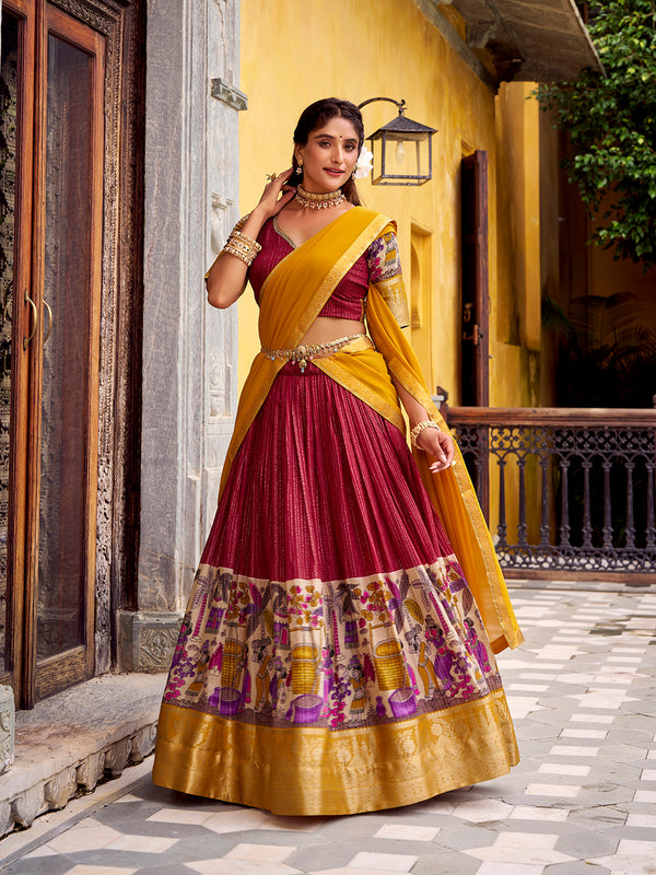 Red Color Kalamkari Print With Zari Weaving Work Poly Chanderi Lehenga Choli