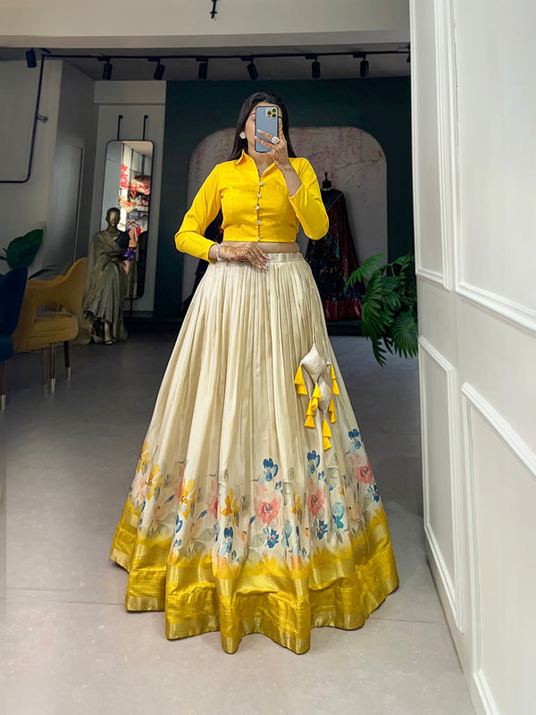 Yellow Color Floral Print With Sequins And Zari Border Dola Silk Co-ord Set Lehenga Choli